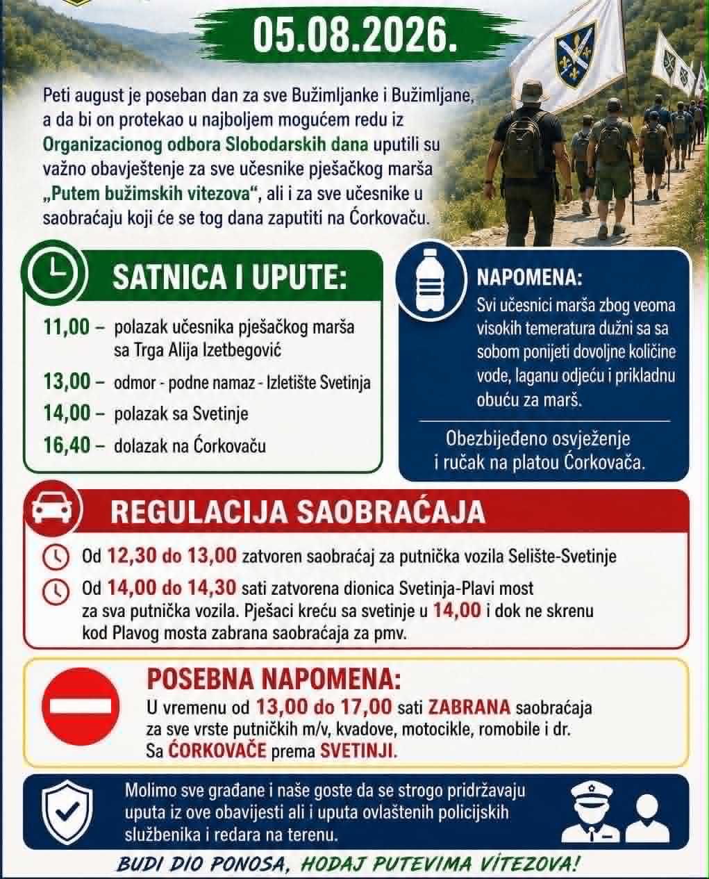 VAŽNA OBAVIJEST ZA  UČESNIKE PJEŠAČKOG MARŠA „PUTEM BUŽIMSKIH VITEZOVA“-05.08.2026.